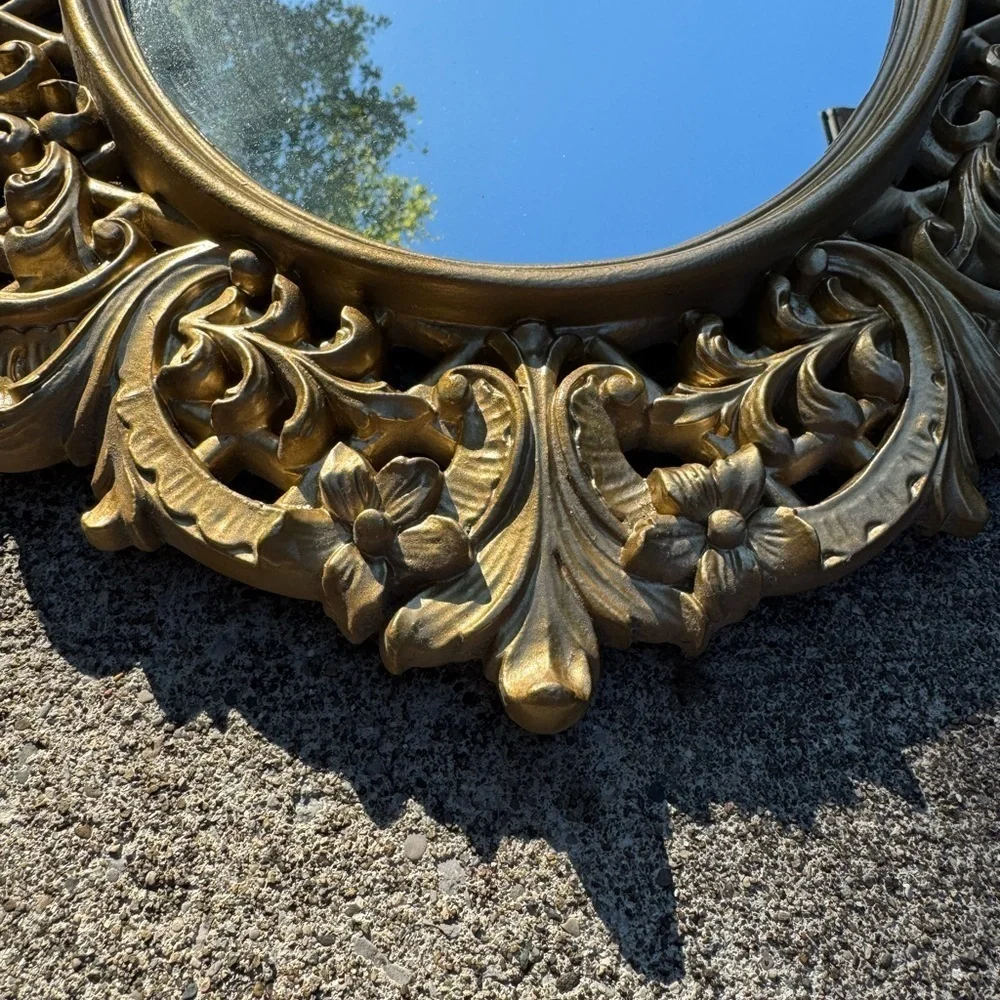 Mid-Century Hollywood Regency Gold Ornate Mirror Wood Floral Velvet Back 18x14”